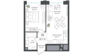 Планировка двухкомнатной(квартира) площадью 38.7 квадратных метров в “ЖК Михалковский”