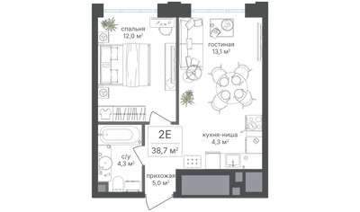 Планировка двухкомнатной(квартира) площадью 38.7 квадратных метров в ЖК “ЖК Михалковский”