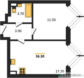 Планировка однокомнатной(квартира) площадью 36.3 квадратных метров в ЖК “ЖК Вейв”