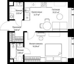 Планировка однокомнатной(квартира) площадью 41.49 квадратных метров в ЖК “ЖК Веер”