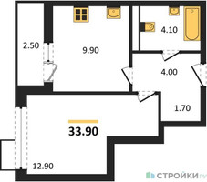Планировка однокомнатной(квартира) площадью 33.9 квадратных метров в “ЖК Родные кварталы”