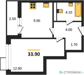 Планировка однокомнатной(квартира) площадью 33.9 квадратных метров в ЖК “ЖК Родные кварталы”