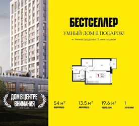 Планировка однокомнатной(квартира) площадью 54 квадратных метров в ЖК “ЖК Бестселлер”