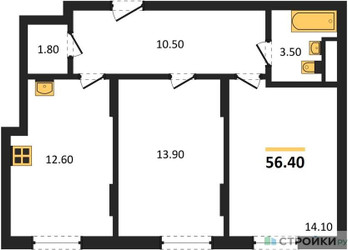 Планировка двухкомнатной(квартира) площадью 56.4 квадратных метров в ЖК “ЖК Переделкино Ближнее”