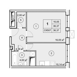 Планировка однокомнатной(квартира) площадью 36.37 квадратных метров в ЖК “ЖК Экоград Новый Катуар”