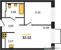 Планировка однокомнатной(квартира) площадью 32.52 квадратных метров в “ЖК Томилино Парк”