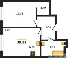 Планировка однокомнатной(квартира) площадью 39.13 квадратных метров в ЖК “ЖК Одинград. Квартал Семейный”