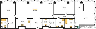 Планировка трехкомнатной(квартира) площадью 154.58 квадратных метров в ЖК “ЖК TATE (Тэйт)”