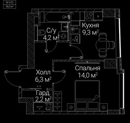 Планировка однокомнатной(квартира) площадью 36 квадратных метров в ЖК “ЖК СЕЗАР БУДУЩЕЕ”