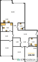 Планировка трехкомнатной(квартира) площадью 136.6 квадратных метров в ЖК “ЖК OPUS (Опус)”