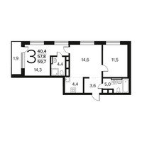 Планировка трехкомнатной(квартира) площадью 59.7 квадратных метров в “Новые Ватутинки. Заречный”