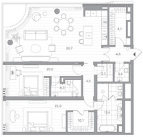 Планировка двухкомнатной(квартира) площадью 151.8 квадратных метров в “Клубный дом PHANTOM (Фантом)”