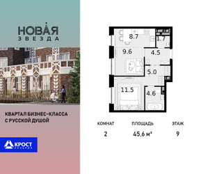 Планировка двухкомнатной(квартира) площадью 45.6 квадратных метров в ЖК “ЖК Новая Звезда (Газопровод)”