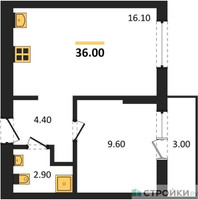Планировка однокомнатной(квартира) площадью 36 квадратных метров в “ЖК Первый квартал”