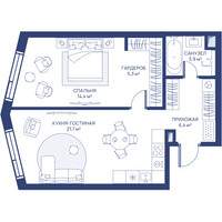Планировка однокомнатной(квартира) площадью 51.7 квадратных метров в “ЖК Свет”