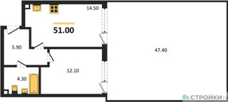 Планировка однокомнатной(квартира) площадью 51 квадратных метров в “ЖК Дзен-кварталы”