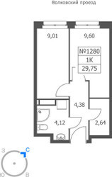 Планировка однокомнатной(апартаменты) площадью 29.75 квадратных метров в ЖК “ЖК Волковская 67”