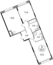 Планировка двухкомнатной(квартира) площадью 60.6 квадратных метров в ЖК “ЖК Переделкино Ближнее”