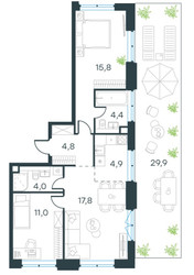 Планировка трехкомнатной(квартира) площадью 62.7 квадратных метров в ЖК “ЖК Level Причальный (Левел Причальный)”