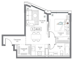 Планировка однокомнатной(квартира) площадью 48 квадратных метров в “ЖК Дрим Рива”