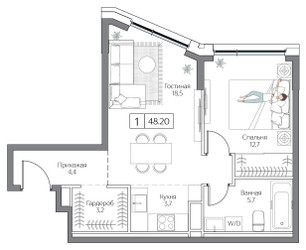 Планировка однокомнатной(квартира) площадью 48 квадратных метров в ЖК “ЖК Дрим Рива”