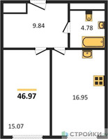 Планировка однокомнатной(апартаменты) площадью 46.97 квадратных метров в “ЖК Пятницкое 58 (Перец)”