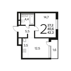 Планировка двухкомнатной(квартира) площадью 42.2 квадратных метров в ЖК “Новые Ватутинки. Заречный”