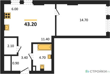 Планировка однокомнатной(квартира) площадью 43.2 квадратных метров в ЖК “Акценты”