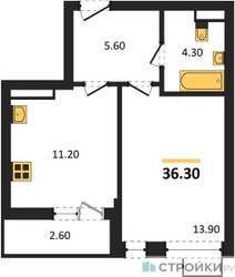 Планировка однокомнатной(квартира) площадью 36.3 квадратных метров в ЖК “ЖК Родные кварталы”