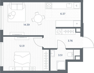 Планировка однокомнатной(квартира) площадью 40.34 квадратных метров в ЖК “ЖК TATE (Тэйт)”