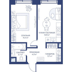 Планировка однокомнатной(квартира) площадью 38.9 квадратных метров в ЖК “ЖК Свет”