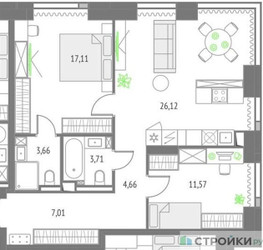 Планировка двухкомнатной(квартира) площадью 73.84 квадратных метров в “ЖК Upside Towers (Апсайд Тауэрс)”