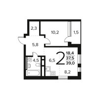 Планировка двухкомнатной(квартира) площадью 39 квадратных метров в “Новые Ватутинки. Заречный”