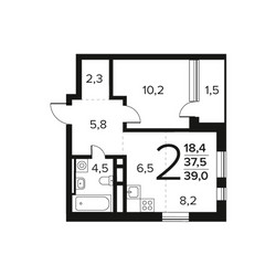Планировка двухкомнатной(квартира) площадью 39 квадратных метров в ЖК “Новые Ватутинки. Заречный”