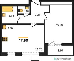 Планировка однокомнатной(квартира) площадью 47.6 квадратных метров в “ЖК 1-й Донской (Первый Донской)”