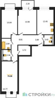 Планировка трехкомнатной(квартира) площадью 79.08 квадратных метров в “ЖК Рублевский Квартал”