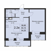 Планировка двухкомнатной(апартаменты) площадью 54.2 квадратных метров в “ЖК Кашинцево”