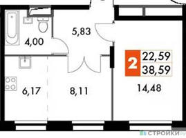 Планировка однокомнатной(апартаменты) площадью 38.59 квадратных метров в “ЖК Движение. Говорово”