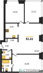 Планировка трехкомнатной(квартира) площадью 81.61 квадратных метров в ЖК “ЖК TATE (Тэйт)”