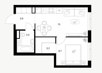 Планировка однокомнатной(квартира) площадью 34.3 квадратных метров в ЖК “Бунинская набережная”