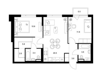 Планировка двухкомнатной(квартира) площадью 62.4 квадратных метров в ЖК “Бунинская набережная”