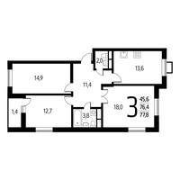 Планировка трехкомнатной(квартира) площадью 77.8 квадратных метров в “Новые Ватутинки. Заречный”