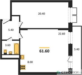 Планировка однокомнатной(квартира) площадью 61.5 квадратных метров в ЖК “ЖК Пироговская Ривьера”