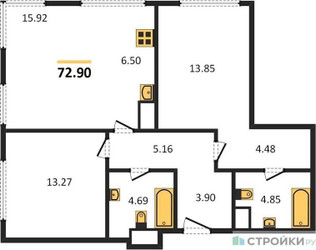 Планировка двухкомнатной(квартира) площадью 72.9 квадратных метров в ЖК “ЖК Собрание клубных домов West Garden (Вест Гарден)”