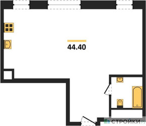 Планировка однокомнатной(апартаменты) площадью 44.4 квадратных метров в ЖК “ЖК ФизтехСити”