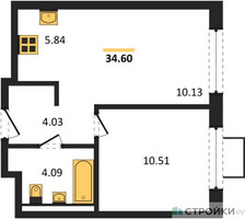 Планировка однокомнатной(квартира) площадью 34.6 квадратных метров в “ЖК Квартал Западный”