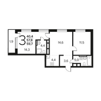 Планировка трехкомнатной(квартира) площадью 59.7 квадратных метров в “Новые Ватутинки. Заречный”