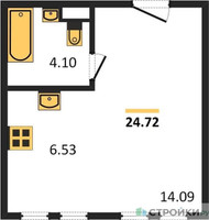 Планировка студии(апартаменты) площадью 24.72 квадратных метров в “ЖК Движение. Говорово”