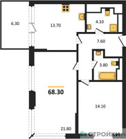 Планировка двухкомнатной(квартира) площадью 68.6 квадратных метров в “ЖК VERY на Миклухо-Маклая (Вери на Миклухо-Маклая)”