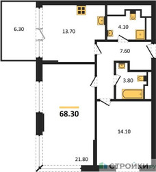 Планировка двухкомнатной(квартира) площадью 68.6 квадратных метров в ЖК “ЖК VERY на Миклухо-Маклая (Вери на Миклухо-Маклая)”